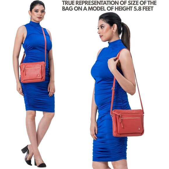 Women Coral Imported Leather Polyester Crossbody Sling Shoulder Crossover Bag - Picture 2 of 6